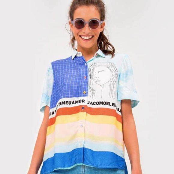 FARM Rio Tops - FARM Rio Graphic Stripe Block Design Colorful Button-Up Blouse